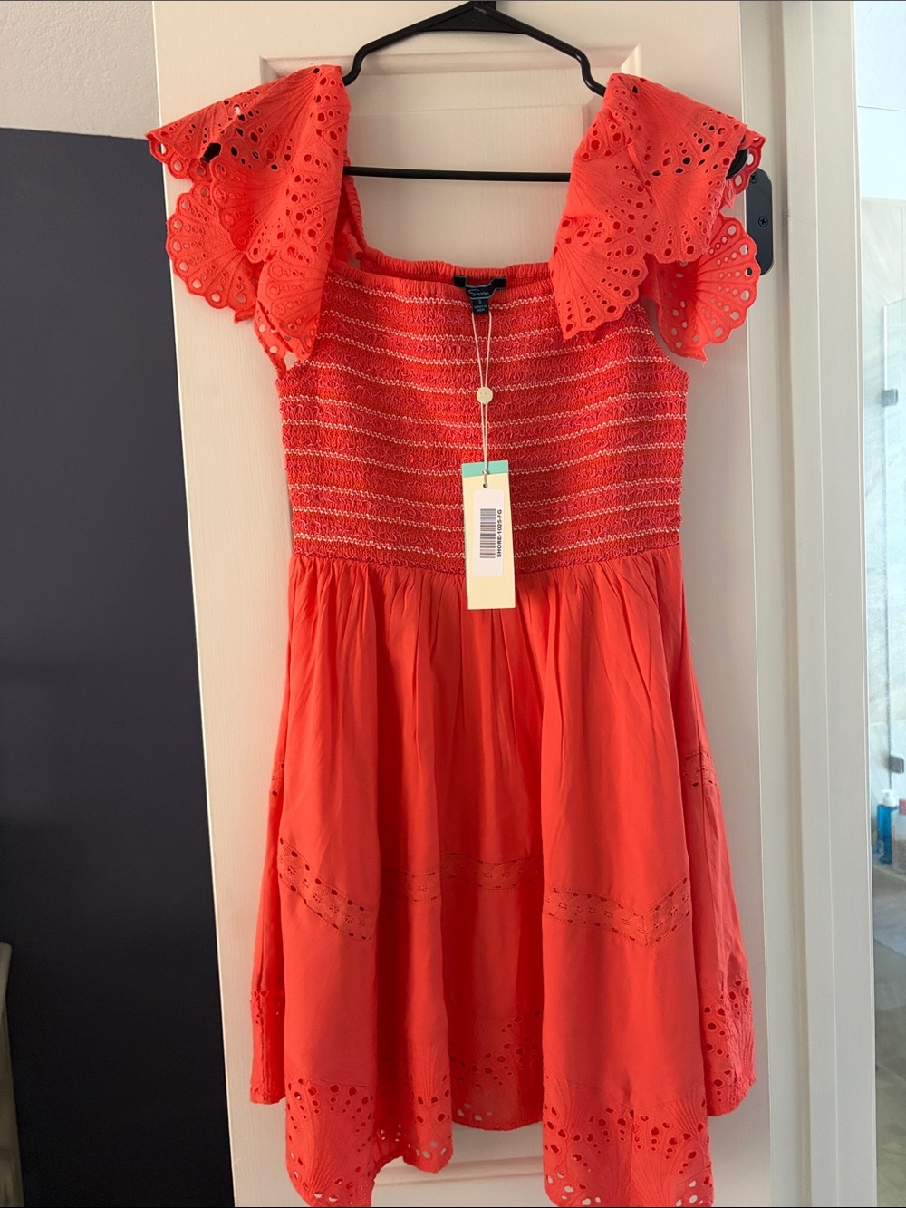 Smocked Coral Mini Dress with Eyelet Flutter Sleeves